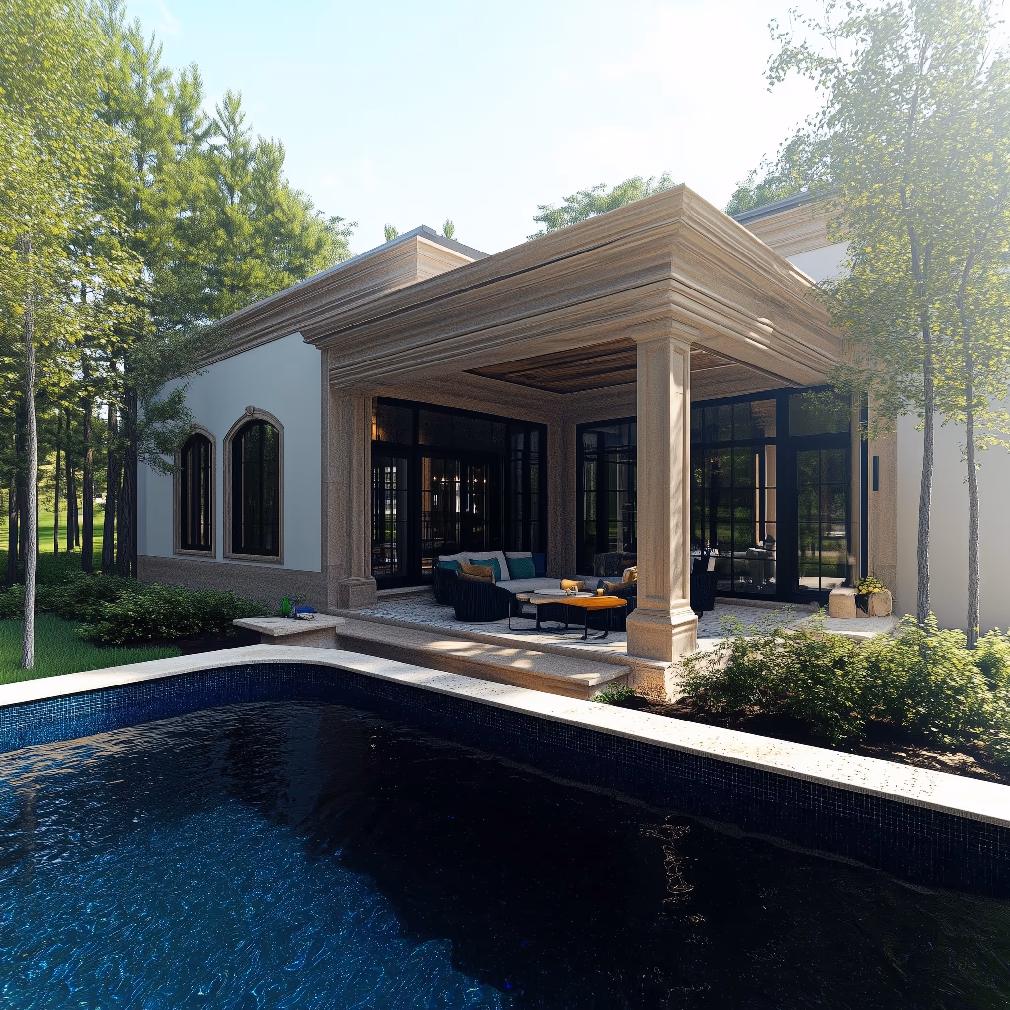 A middle-eastern style home with a pool.